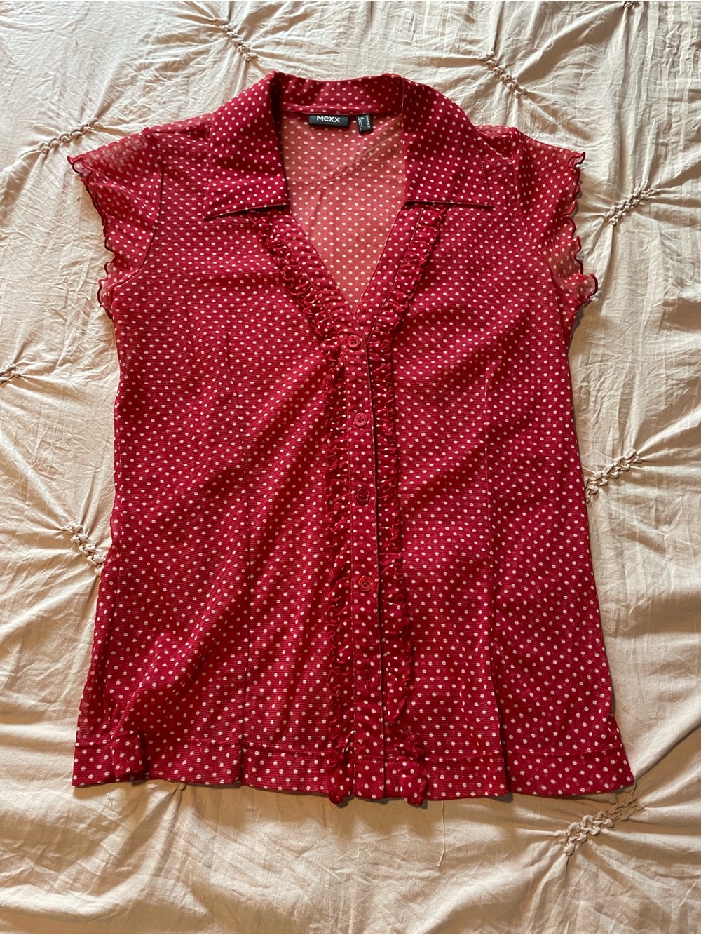 Mexx Red Polka Dot Ruffle Button-Down Top